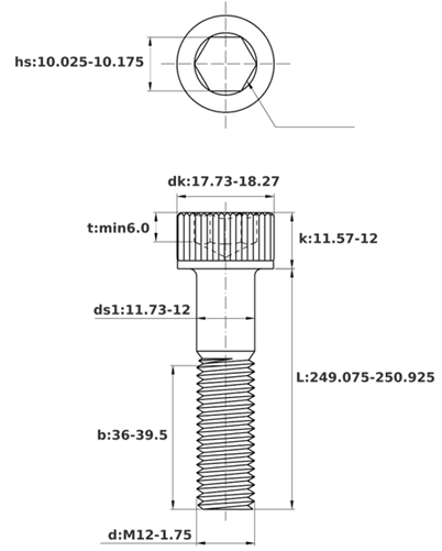 Bản vẽ kỹ thuật Lục Giác Chìm Đầu Trụ Thép Đen 12.9 DIN912 M12x250 Ren Lửng