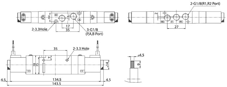 Bản vẽ kỹ thuật Van Điện Từ Khí Nén Solenoid 5/2 2 Coil Parker Size PT1/8 PHS-510D-6-24V