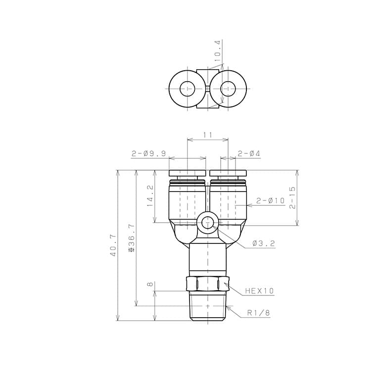 Bản vẽ kỹ thuật Đầu Nối Nhanh Khí Nén Dạng Chữ Y Ren Ngoài Pisco PX4-01SUS