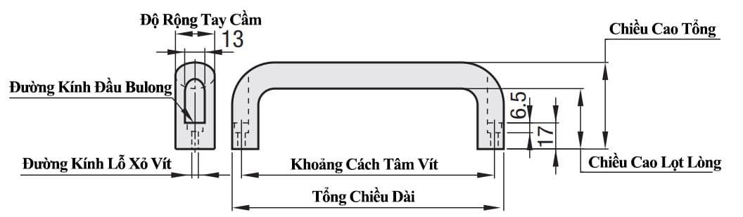Bản vẽ kỹ thuật Tay Nắm Cửa Chữ U Nhôm Sơn Tĩnh Điện Đen Nhám W 26 mm x L 116 mm (UADR116)