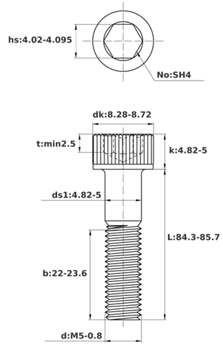Bản vẽ kỹ thuật Lục Giác Chìm Đầu Trụ Thép Đen 12.9 DIN912 M5x85 Ren Lửng