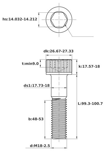 Bản vẽ kỹ thuật Lục Giác Chìm Đầu Trụ Thép Đen 12.9 DIN912 M18x100 Ren Lửng