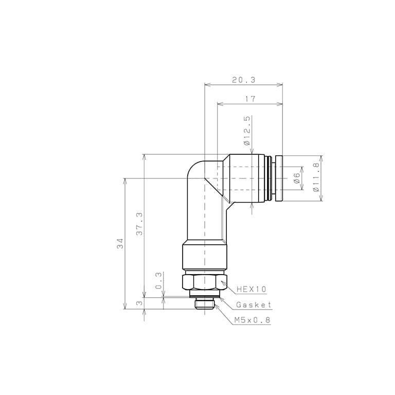 Bản vẽ kỹ thuật Đầu Nối Nhanh Khí Nén Dạng Cong 90° Ren Ngoài (Dài) Pisco PLL6-M5W-C