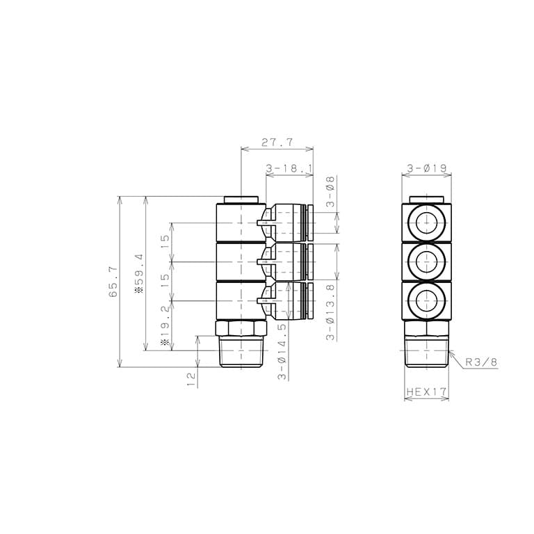Bản vẽ kỹ thuật Đầu Nối Nhanh Khí Nén Ba Nhánh Cong 90° Thân Lục Giác Trụ Ren Ngoài Pisco PHT8-03