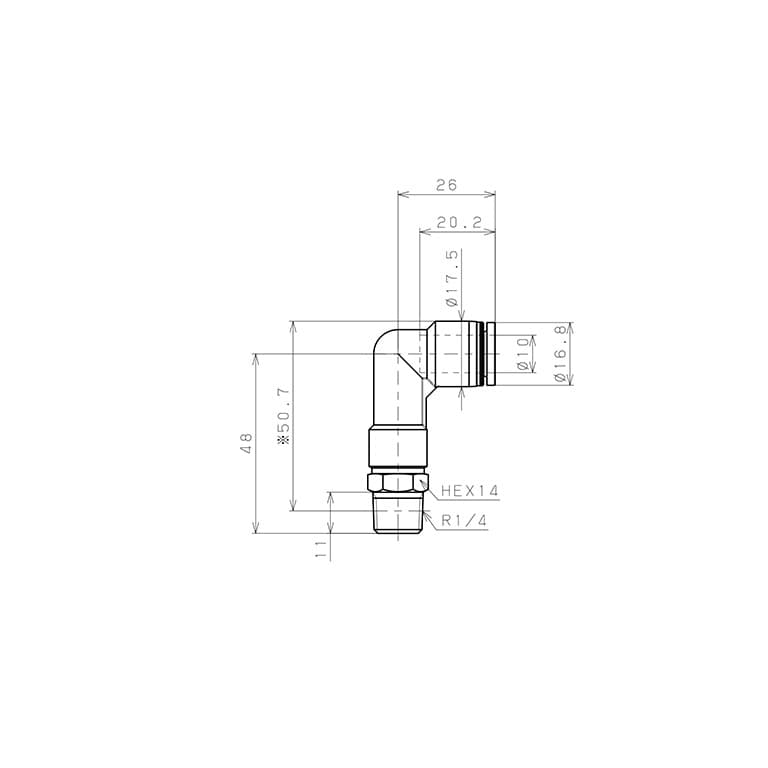 Bản vẽ kỹ thuật Đầu Nối Nhanh Khí Nén Dạng Cong 90° Ren Ngoài (Dài) Pisco PLL10-02