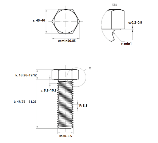 Bản vẽ kỹ thuật Bulong Thép Đen 8.8 DIN933 M30x50