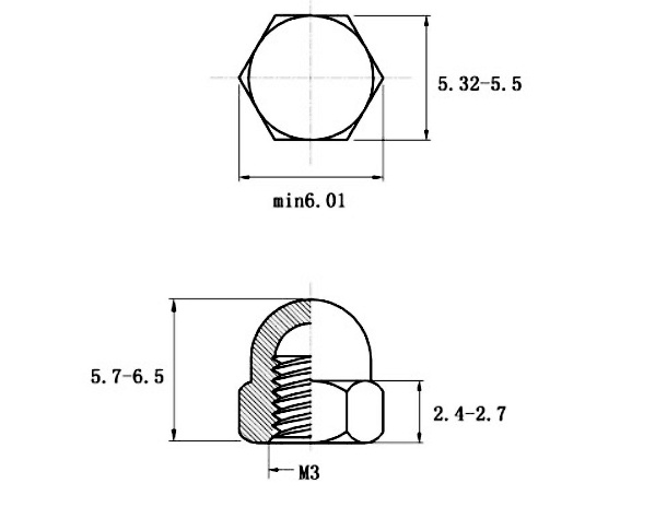 Bản vẽ kỹ thuật Tán Bầu Inox 304 DIN1587 M3