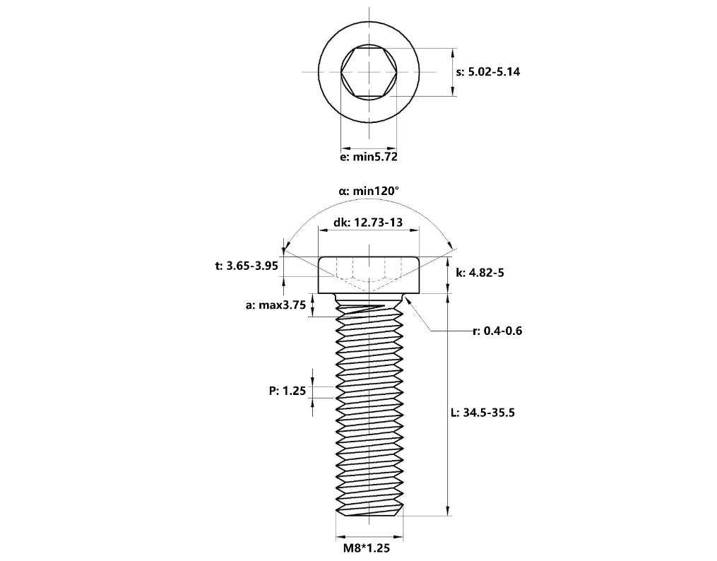 Bản vẽ kỹ thuật Lục Giác Trụ Đầu Thấp Inox 304 DIN7984 M8x35