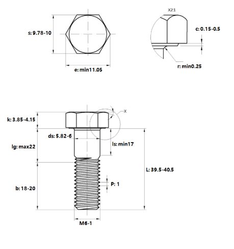 Bản vẽ kỹ thuật Bulong Thép Đen 8.8 DIN931 M6x40 Ren Lửng