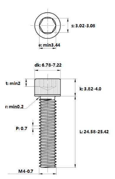 Bản vẽ kỹ thuật Lục Giác Chìm Đầu Trụ Thép Đen 12.9 DIN912 M4x25 (50Cái/Bịch)
