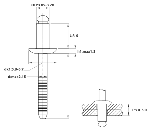 Bản vẽ kỹ thuật Rivet Inox 304 OD3.2x8mm (1000 Cái)