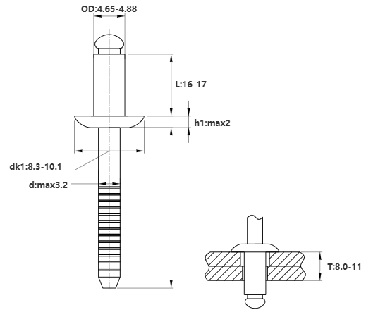Bản vẽ kỹ thuật Rivet Inox 304 OD4.8x16mm (500 Cái)