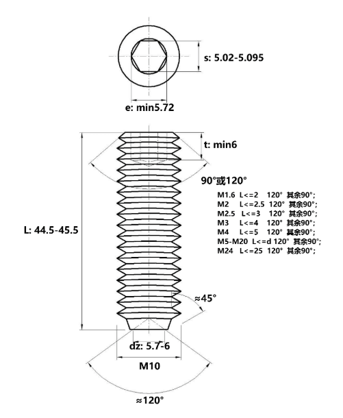 Bản vẽ kỹ thuật Vít Trí Đuôi Lõm Thép Đen 10.9 DIN916 M10x45