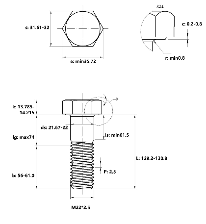 Bản vẽ kỹ thuật Bulong Nhúng Nóng 8.8 DIN931 M22x130 Ren Lửng