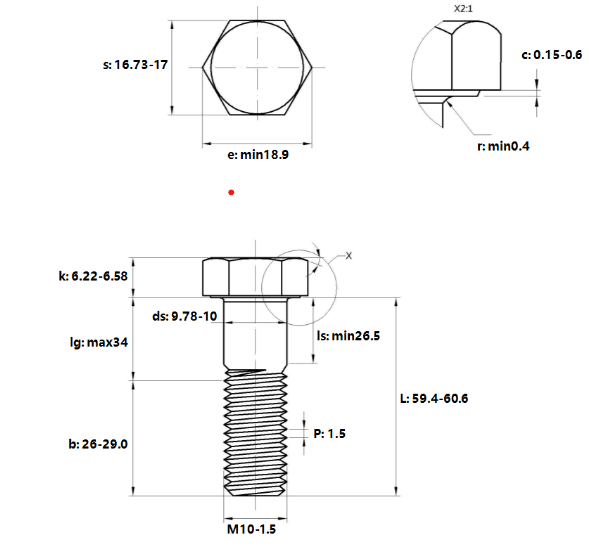 Bản vẽ kỹ thuật Bulong Thép Đen 8.8 DIN931 M10x60 Ren Lửng