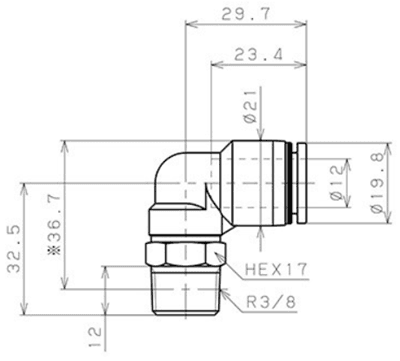 Bản vẽ kỹ thuật Đầu Nối Nhanh Khí Nén Cong 90° Phi 12mm Ren Ngoài R3/8 Pisco PL12-03
