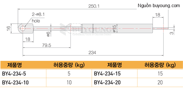 Bản vẽ kỹ thuật Ty hơi thép Buyoung 250-20KG BY4-234-20KG