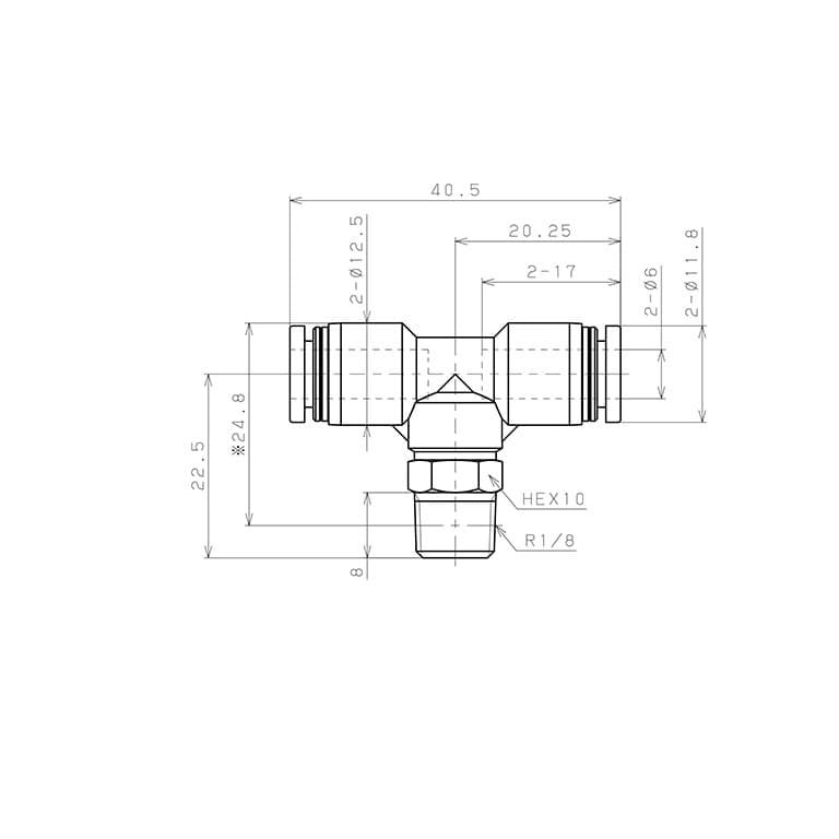 Bản vẽ kỹ thuật Đầu Nối Nhanh Khí Nén Dạng Chữ T Ren Ngoài Pisco PB6-01-C