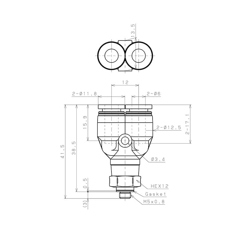 Bản vẽ kỹ thuật Đầu Nối Nhanh Khí Nén Dạng Chữ Y Ren Ngoài Pisco PX6-M5SUS