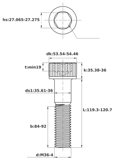 Bản vẽ kỹ thuật Lục Giác Chìm Đầu Trụ Thép Đen 12.9 DIN912 M36x120 Ren Lửng