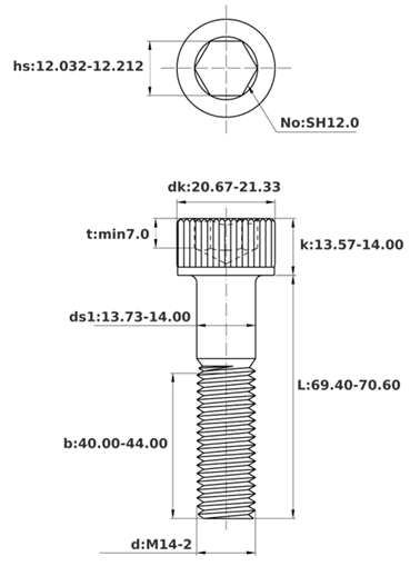 Bản vẽ kỹ thuật Lục Giác Chìm Đầu Trụ Thép Đen 12.9 DIN912 M14x70 Ren Lửng