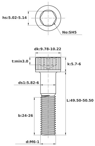 Bản vẽ kỹ thuật Lục Giác Chìm Đầu Trụ Thép Đen 12.9 DIN912 M6x50 Ren Lửng