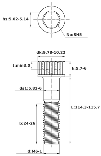 Bản vẽ kỹ thuật Lục Giác Chìm Đầu Trụ Thép Đen 12.9 DIN912 M6x115 Ren Lửng