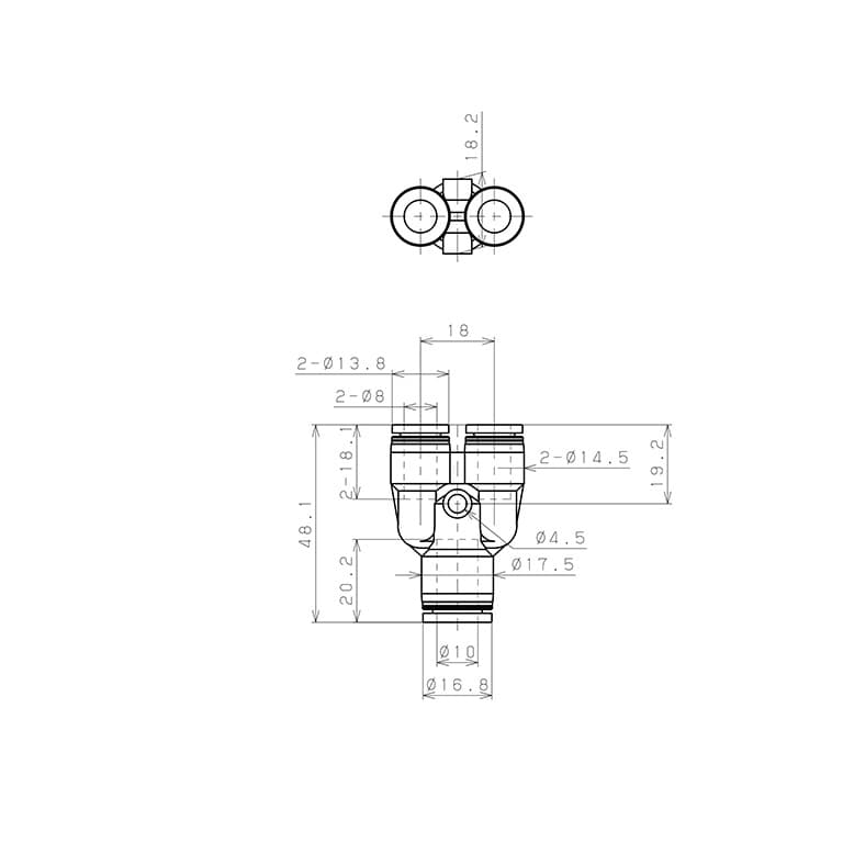 Bản vẽ kỹ thuật Đầu Nối Nhanh Khí Nén Chữ Y Dạng Nối Giảm Pisco PW10-8W