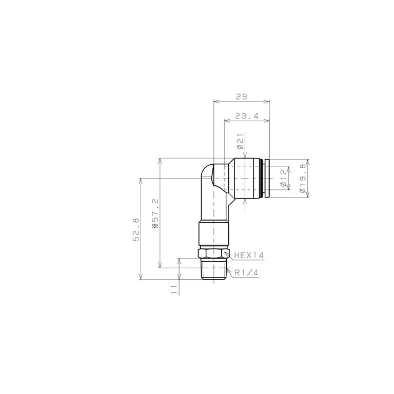 Bản vẽ kỹ thuật Đầu Nối Nhanh Khí Nén Dạng Cong 90° Ren Ngoài (Dài) Pisco PLL12-02