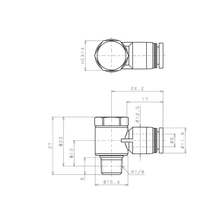 Bản vẽ kỹ thuật Đầu Nối Nhanh Khí Nén Cong 90° Đầu Lục Giác Trụ Ren Ngoài Pisco PH6-01