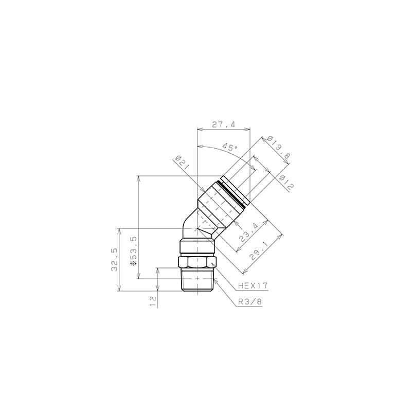 Bản vẽ kỹ thuật Đầu Nối Nhanh Khí Nén Dạng Cong 45° Ren Ngoài Pisco PLH12-03
