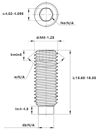 Bản vẽ kỹ thuật Vít Trí Đuôi Trụ Thép Đen 12.9 DIN915 M8x16