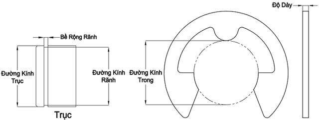 Bản vẽ kỹ thuật Phe Gài Trục Chữ E Inox 420 D9 (5Cái/Bịch)