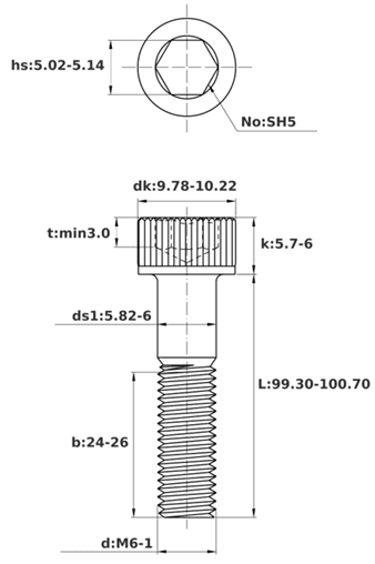 Bản vẽ kỹ thuật Lục Giác Chìm Đầu Trụ Thép Đen 12.9 DIN912 M6x100 Ren Lửng