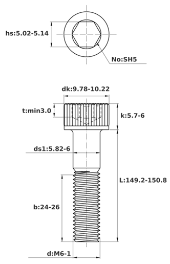 Bản vẽ kỹ thuật Lục Giác Chìm Đầu Trụ Thép Đen 12.9 DIN912 M6x150 Ren Lửng