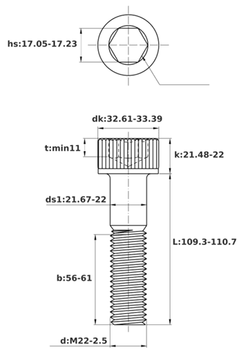 Bản vẽ kỹ thuật Lục Giác Chìm Đầu Trụ Thép Đen 12.9 DIN912 M22x110 Ren Lửng