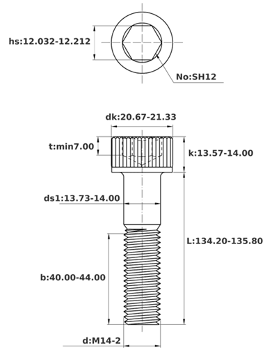 Bản vẽ kỹ thuật Lục Giác Chìm Đầu Trụ Thép Đen 12.9 DIN912 M14x135 Ren Lửng