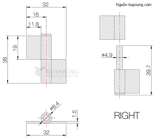 Bản vẽ kỹ thuật Bản lề hàn bên trái inox 304 Buyoung 33.3x38.2 BYHSN1540-12L