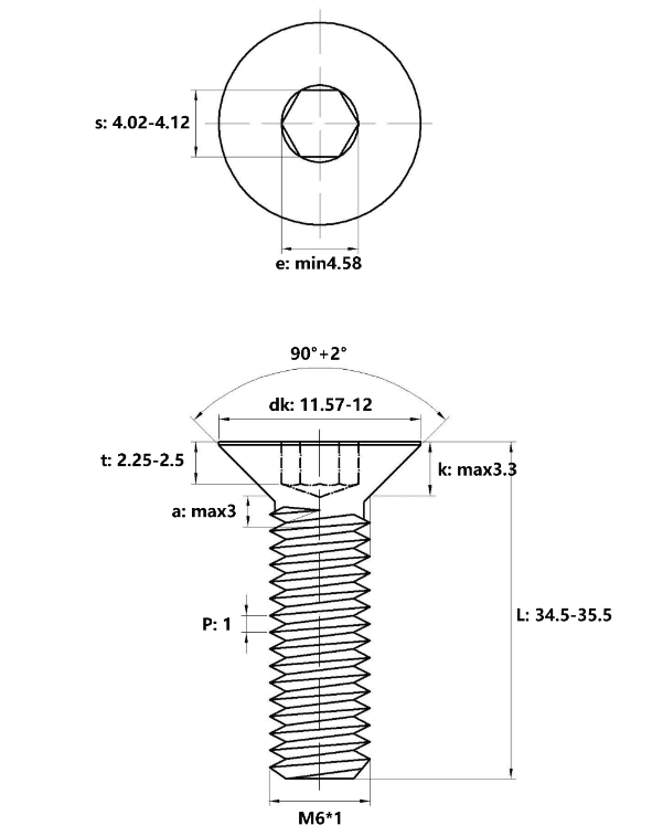 Bản vẽ kỹ thuật Lục Giác Chìm Col Thép Đen 10.9 DIN7991 M6x35