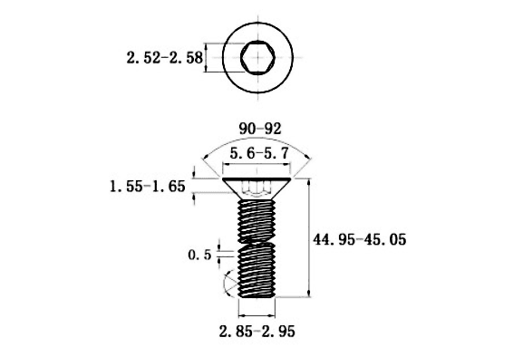 Bản vẽ kỹ thuật Lục Giác Chìm Col Thép Đen 10.9 DIN7991 M3x45