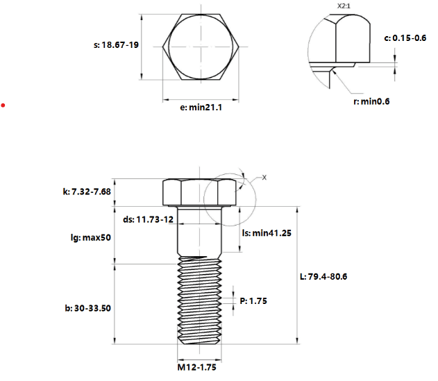 Bản vẽ kỹ thuật Bulong Mạ Kẽm Trắng Cr3+ 10.9 DIN931 M12x80 Ren Lửng