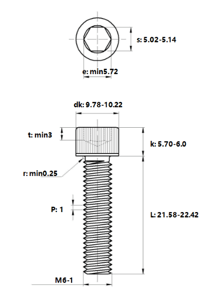 Bản vẽ kỹ thuật Lục Giác Chìm Đầu Trụ Thép Đen 12.9 DIN912 M6x22