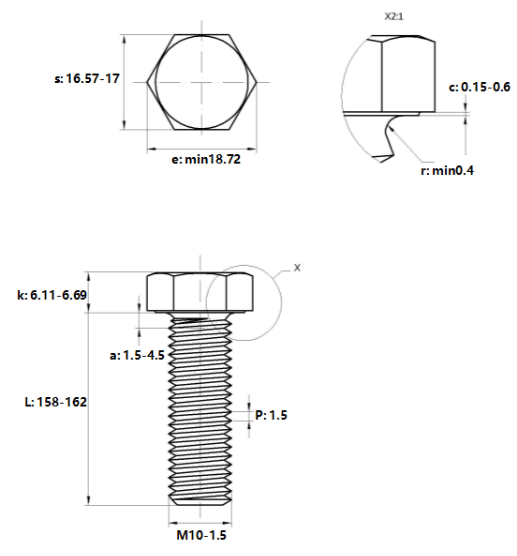 Bản vẽ kỹ thuật Bulong Thép Đen 8.8 DIN933 M10x160