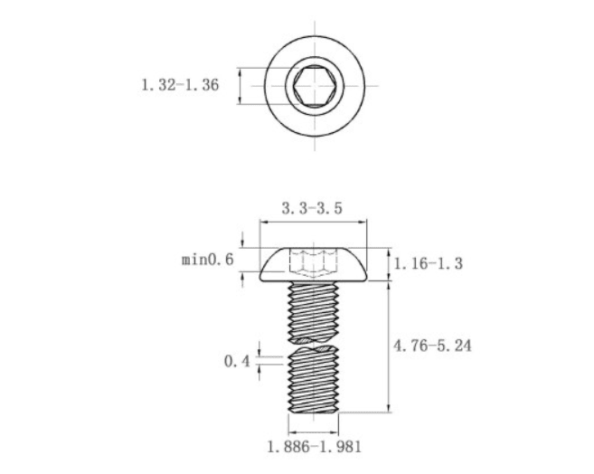 Bản vẽ kỹ thuật Lục Giác Chìm Mo Thép Đen 10.9 ISO7380 M2x5