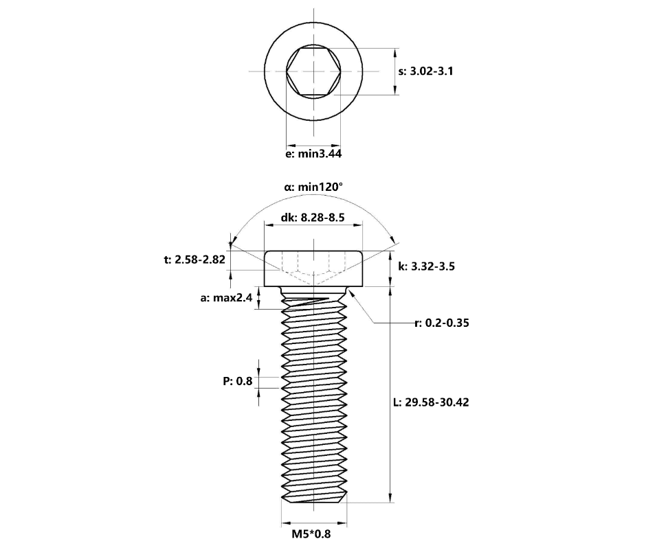 Bản vẽ kỹ thuật Lục Giác Trụ Đầu Thấp Inox 304 DIN7984 M5x30
