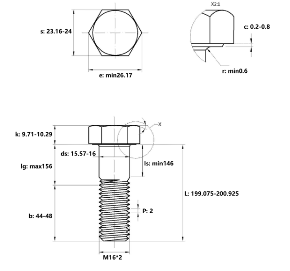 Bản vẽ kỹ thuật Bulong Nhúng Nóng 8.8 DIN931 M16x200 Ren Lửng