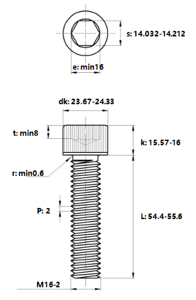 Bản vẽ kỹ thuật Lục Giác Chìm Đầu Trụ Thép Mạ Kẽm Trắng Cr3+ 12.9 DIN912 M16x55