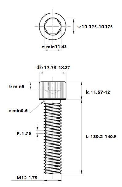 Bản vẽ kỹ thuật Lục Giác Chìm Đầu Trụ Thép Đen 12.9 DIN912 M12x140