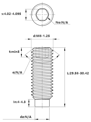 Bản vẽ kỹ thuật Vít Trí Đuôi Trụ Thép Đen 10.9 DIN915 M8x30