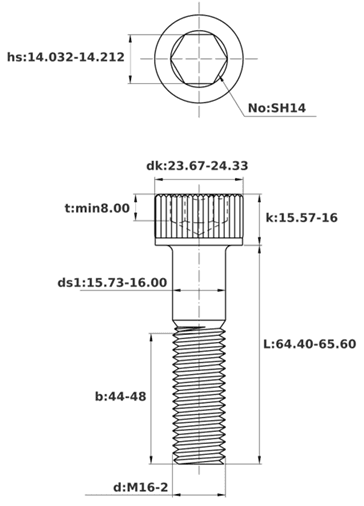 Bản vẽ kỹ thuật Lục Giác Chìm Đầu Trụ Thép Đen 12.9 DIN912 M16x65 Ren Lửng